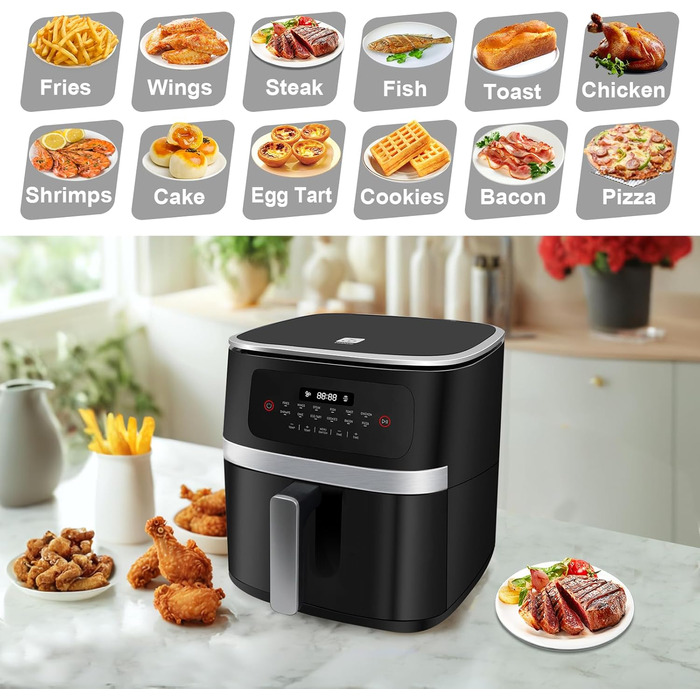 Фритюрниця без олії 7L XXL з сенсорним екраном, 12 програм, 1800W (Чорний/Сірий)