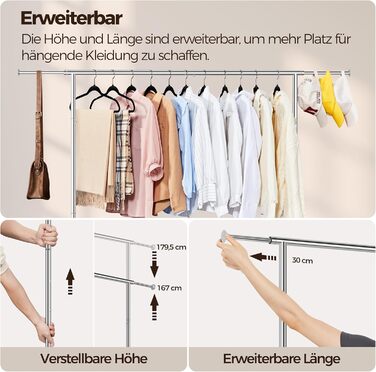 Yaheetech Clothes Rack Rolling Garment Rack Extendable Clothes Rail Height-Adjustable Clothes Hanger with Foldable Base, Load Capacity up to 90 KG