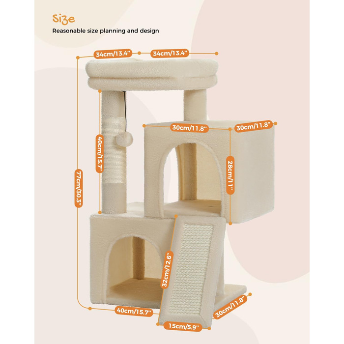 PETEPELA Scratching Post with Dual Condos for Apartment Cats, All-in-One Cat House with Padded Perch, Scratch Ramp and Post, and Replaceable Balls Beige