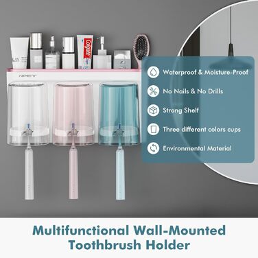 NPET Bathroom Toothbrush Holder, 3 Cups, Toothbrush Holder Set, Wall Mount, Ideal Bathroom Accessories Organization (3 Cups, Rose Gold)