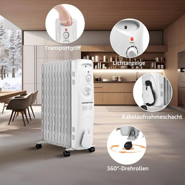 Електричний масляний радіатор Aigostar Pangpang 2300W, 11 секцій, з термостатом та 3 рівнями нагріву, мобільний обігрівач
