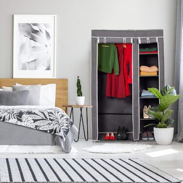 Relaxdays Fabric Wardrobe with Clothes Rail & 5 Compartments, HBT: 174 x 107 x 42.5 cm, Sturdy Folding Wardrobe with Cover, (Grey)