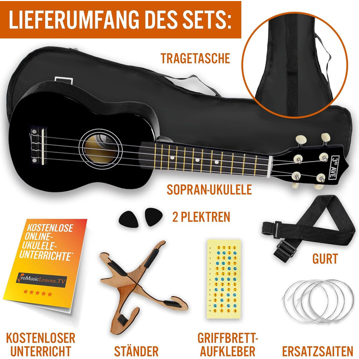 Укулеле Sopran 3rd Avenue 54 см (21 дюйм) – Початковий набір: чохол, підставка, ремінь, струни, медіатор та наклейки на гриф – Натуральний колір – Безкоштовні онлайн уроки для початківців