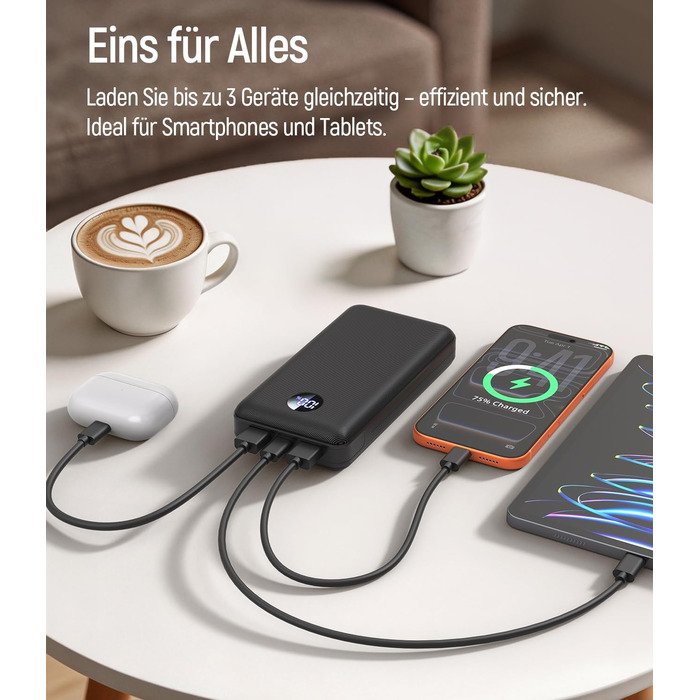 Power Bank 26800mAh 22.5W з 3 портами (USB-C PD 3.0, QC 3.0, USB-A) – Зовнішній акумулятор для iPhone, Samsung, iPad, компактний, авіаперевезення