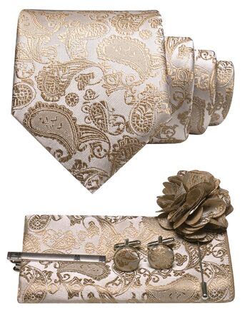 Набір краваток JEMYGINS для чоловіків: краватка з візерунком павароччі, нагрудна хустинка, краваткотримач, брош і запонки (хакі)