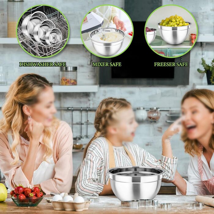 Набір мисок Joyfair 3 шт. з нержавіючої сталі з кришками, для приготування, випікання та сервірування, 4.6/2.8/1.6 л, мийки в посудомийній машині, економія місця