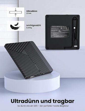 Зовнішній CD/DVD привід MOSWAG USB 3.0 та Type-C, оптичний багатофункціональний накопичувач +/-RW для PC, Mac, MacBook Pro, Linux, Win 11/10, чорний