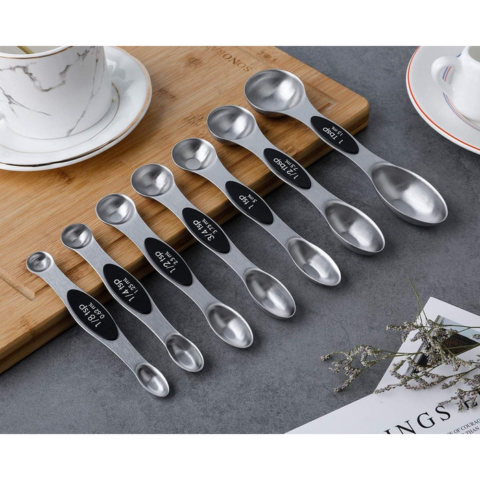 Набір магнітних мірних ложок 7 шт. з нержавіючої сталі, двосторонні чайні та столові ложки для сухих та рідких інгредієнтів, чорні