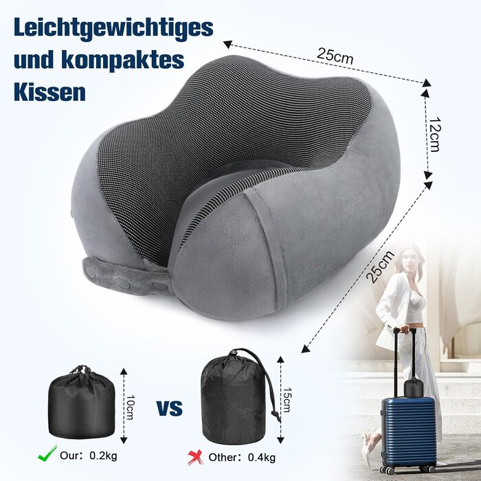 Подушка для шиї в літак, доросла, з піною з пам'яті, регульована, компактна, ергономічна, м'яка, дихаюча, з навушниками, маскою для очей, чохлом (Сірий)