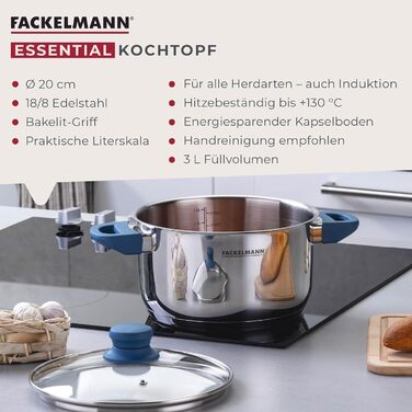 Каструля FACKELMANN Essential Ø20 см з нержавіючої сталі, ергономічні Softtouch-ручки, сучасний дизайн, підходить для всіх типів плит, блакитна каструля з кришкою 20 см