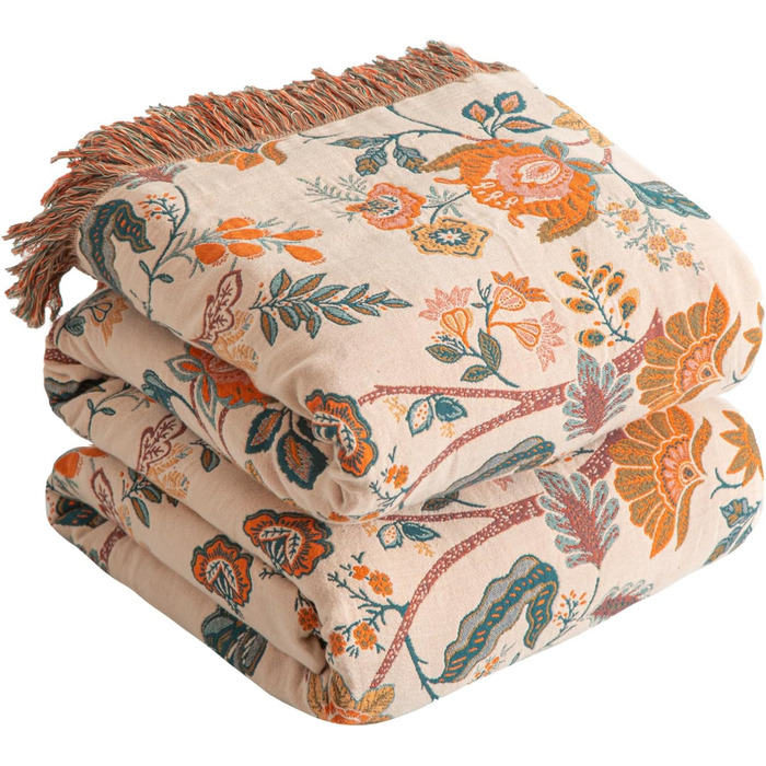SE SOFTEXLY Boho плед з 100% бавовни – двосторонній мусліновий плед 150x200 см, м'який плед на диван та ковдра на ліжко, естетичний дизайн, ідеальний для вітальні та спальні, Orange/Grün Blütentraum (230 x 250 cm, Blütentraum)