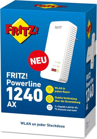 Набір FFRITZ!Powerline 1240 AX WLAN: Powerline Gigabit Wi-Fi 6, точка доступу WLAN, для медіа-трансляції, HD-відео, інтернет-ТБ, 1200 Мбіт/с