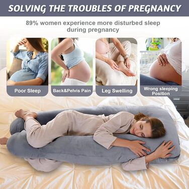 Подушка для вагітних U-подібної форми Vikcvcsc, подушка для всього тіла з чохлом, подушка для годування XXL, велика подушка для сну на боці для вагітних знімний та пральний чохол (Сірий, Велюр)