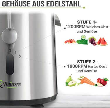 Електричний соковитискач Twinzee для овочів та фруктів, 850W, 2 швидкості, великий завантажувальний отвір, антиковзні ніжки