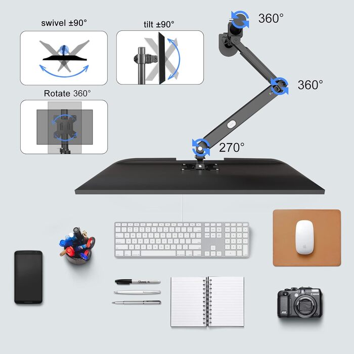 Кріплення для монітора Pholiten 13-32 дюймів: газ, 360° оберт, нахил, VESA 75/100