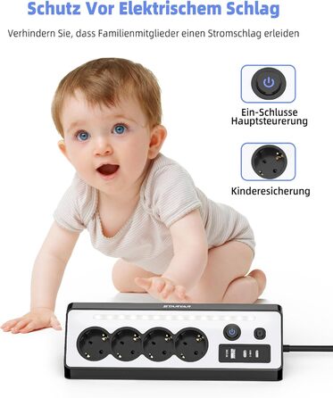 Мережевий адаптер з USB та 2 Type-C, 4 розетки, 16A, 3680W, з вимикачами, захист від перенапруги, LED, для кухні/офісу, білий/чорний