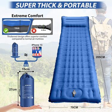 Isomatte Camping Mat - Self-Inflating Sleeping Pad, 12cm Thick, Compact, Waterproof Air Mattress with Foot Pump & Pillow, Anti-Ripstop Sleeping Mat for Hiking & Beach - Blue