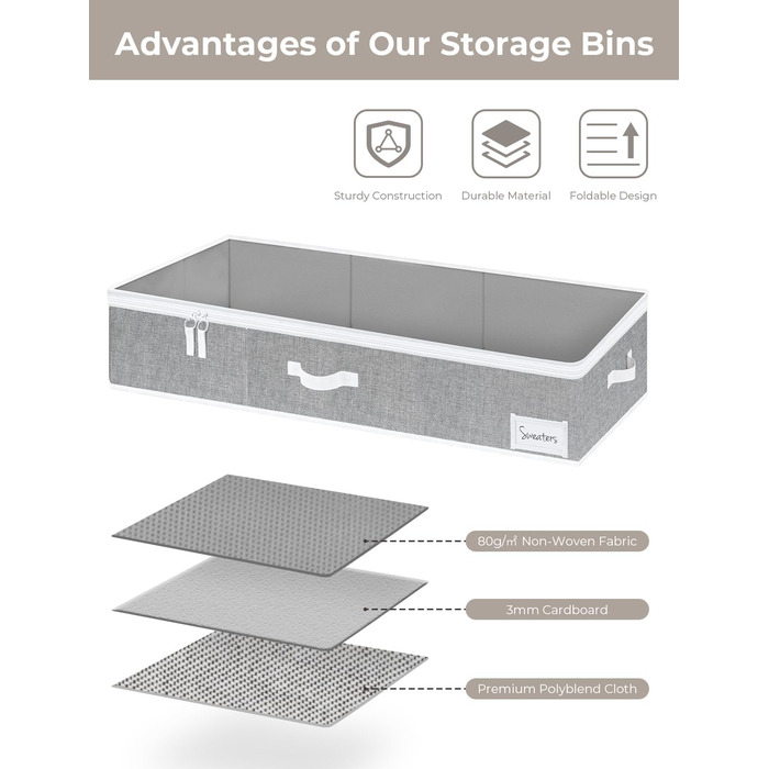 Набір органайзерів під ліжко StorageWorks з кришкою, складні тканинні бокси для зберігання одягу та ковдр, сірі, 60x32x13 см, 2 шт.