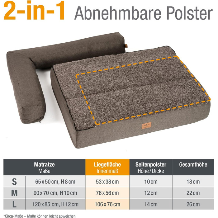 JAMAXX Преміум Софа для собак 2-в-1 - Ортопедична подушка з Memory Visco, знімні подушки та чохол, м'який фліс або овчина/шерпа, PDB3014 ((M) 90x70, коричнева)