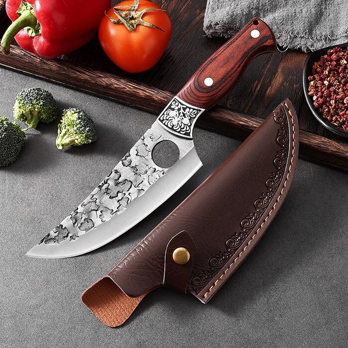 Японський ніж для обвалювання Doklasu 15 см з високоякісної сталі 5Cr15MoV з червоним дерев'яним руків'ям та піхвою