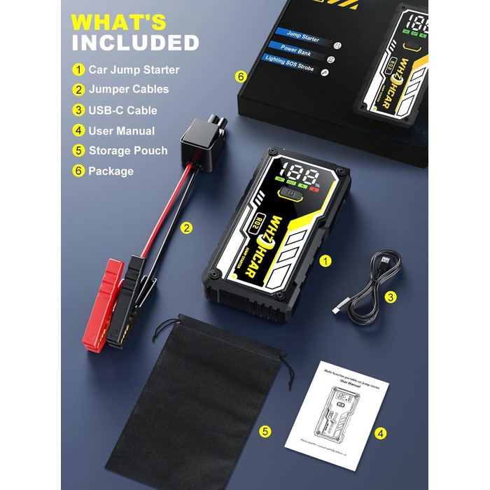 Powerbank для автомобіля 8000A 12V – Пусковий пристрій, бустер для акумулятора, зарядний пристрій для бензинових та дизельних авто (до 10л) з LCD дисплеєм, LED ліхтарем та кабелями для підключення (чорний)