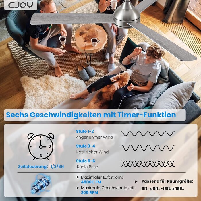 Стеляний вентилятор CJOY з підсвічуванням, 107 см, з пультом керування, тихий, DC, реверсивний, пам'ять 3CCT, диммування, 6 швидкостей, таймер для спальні (132 см - срібний)