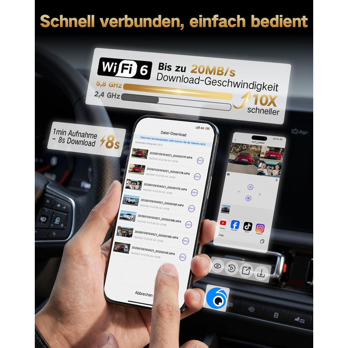 3-канальний автомобільний відеореєстратор 4K (передній, задній, салонний), 170° широкий кут, нічна зйомка, паркування 24/7, G-сенсор, WiFi 5.8 ГГц, SD-карта 64ГБ, чорний