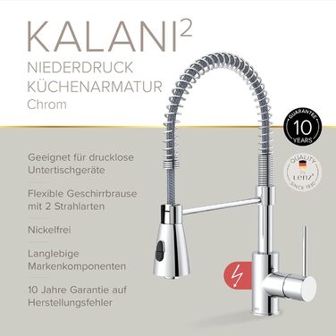 Кухонний змішувач Lenz KALANI² в стилі - з регульованою поливальною насадкою - проста установка та якісна обробка - 46070322 (Низький тиск, Хром)