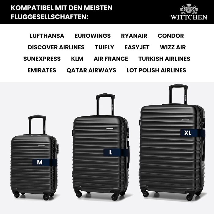 Валіза на колесах WITTCHEN Groove Line L, велика, чорна, ABS, з кодовим замком, для авіакомпаній Lufthansa/Eurowings/Ryanair