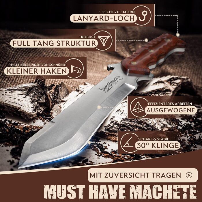 Мачете Japaknives із сталі M390 – великий тактичний ніж для бушкрафту, кемпінгу та полювання, фултанг, товщина леза 5 мм, для саду та виживання