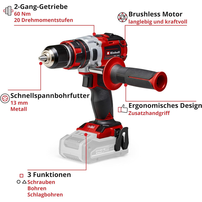 Акумуляторний дриль-шуруповерт Einhell TE-CD 18 Li-i Brushless Power X-Change з ударною функцією, Li-Ion, 18 V, 2 швидкості, 60 Nm, LED-ліхтар, кейс, 2 x 2.0 Ah акумулятори та зарядний пристрій
