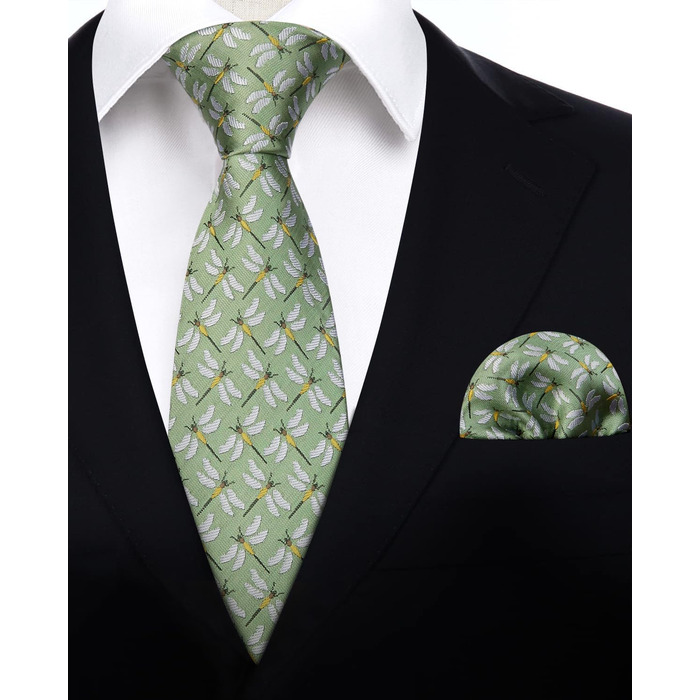 HISDERN Комплект краватки та нагрудного хустинки для чоловіків: зелено-жовтий принт, класичний стиль, для весілля та ділових зустрічей
