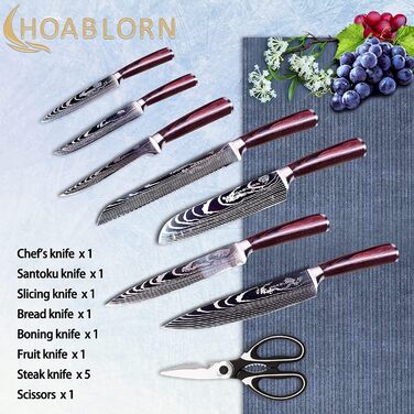 Набір кухонних ножів Hoablorn 15 предметів з блоком: високоякісний набір ножів з дерев'яним блоком, ідеальний для дому та як подарунок