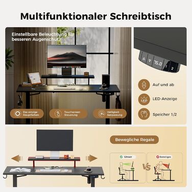Електричний регульований стіл Agilestic з підсвічуванням, USB-портом та рухомим кріпленням для монітора, 140 x 60 см (Чорний)