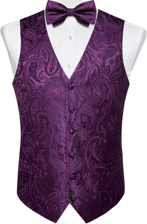 Набір DiBanGu для чоловіків: шовкова жилетка та краватка з паєтками, попередньо зав'язаний бантик, для весілля, свят, 6 шт., колір: фіолетовий (M)