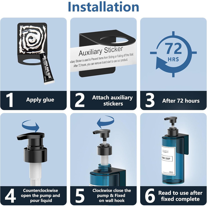 Набір дозаторів для мила на стіну 4er, блакитний (500 мл) - без свердління, з наліпками для душу/кухні/ванної кімнати