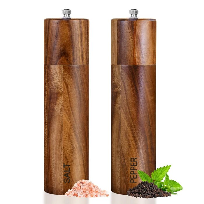 Набір з 2 дерев'яних мельниць для солі та перцю, ручні, 20 см, з регульованим керамічним жорном, для солі та перцю, у подарунковій коробці