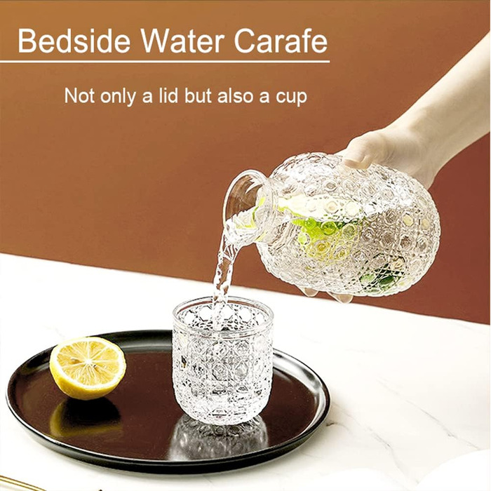 Vintage Water Carafe, Nightstand Water Carafe and Glass Set, Carafe with Glass Beaker for Nightstand, Thick Glass Mouthwash Decanter for Bedroom, Guest Room, Bathroom, Kitchen, 440ml (Transparent)
