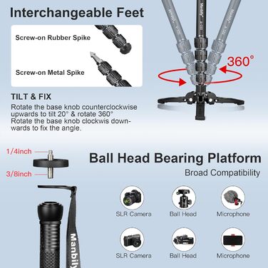 Штатив для камери Manbily A-222 з висувними ніжками з алюмінію, 5 секцій, до 170 см, 7 кг, для DSLR Canon/Sony/телефону (сірий/чорний)