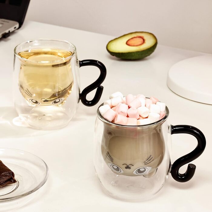 Set of 2 cute cat mugs, cute cat teacup, 250ml double-walled glass, cat mugs with handle, beer mugs, cute birthday gifts for women and men (pack of 2, black+white)