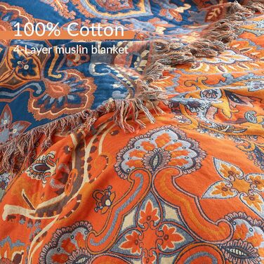 Богемна ковдра Boho Decke 100% бавовна – двостороння муслінова ковдра 150x200 см, м'яка софа/ковдра та покривало для ліжка, естетичний дизайн, ідеально для вітальні та спальні, помаранчево/блакитний колір, зірковий сон 150 x 200 см