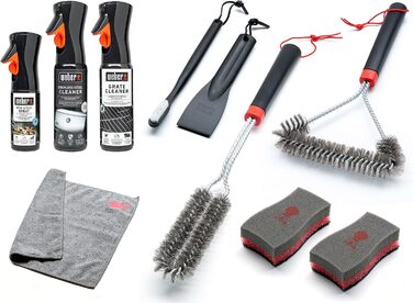 Weber Stainless Steel Grill Cleaning Set, includes: 3 Grill Brushes, Grill Grate & Stainless Steel Cleaner (300ml each), Non-Stick Spray 200ml, Microfiber Cloth, Scraper, 2 Cleaning Sponges (18284)