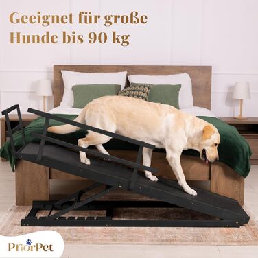 Сходинки для собак до ліжка з поручнями - для великих собак до 90 кг - регульована висота до 94.5 см - ширина 49.5 см - складані - з антиковзним покриттям - з берези - натуральний колір (чорний)