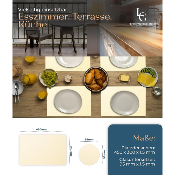 Washable Table Placemats 4-Piece Set – Sustainable, Stable & Non-Slip – High-Quality Recycled Leather, Made in Germany (Beige)