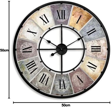Large Vintage Wall Clock Living Room, No Ticking Sound, Modern XXL Wall Clocks, Roman Numerals, Retro Decor (Metal, Ø 50cm Diameter, Antique, Colorful)