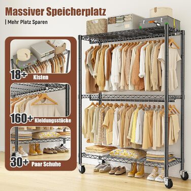 Вішалка для одягу на коліщатках 90x40x200 см, вантажопідйомність 150 кг, 2 висувні штанги, регульована полиця, великий об'єм для зберігання одягу, стабільна та мобільна