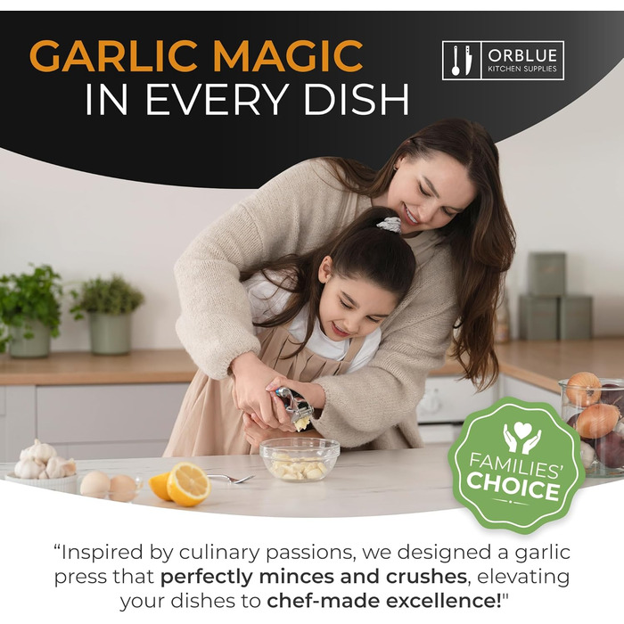 Пресс для часнику ORBLUE з нержавіючої сталі – преміум якість, з силіконовим очищувачем та щіткою, міцний та придатний для миття в посудомийній машині