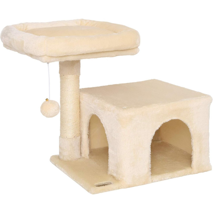 Cat scratching post with a cozy lying area & cave, height 50 cm, cat tree with plush ball incl. bell, sisal rope & soft plush, suitable for small & large cats, beige