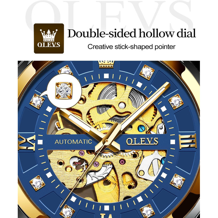 Чоловічий годинник OLEVS Gold Skeleton: автоматичний механічний, зі сталевим браслетом, водонепроникний, люксовий дизайн, синій циферблат