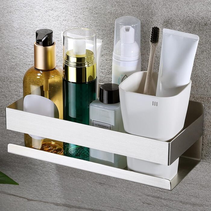 Турнічок для душу YIGII з полицями - кутовий, з нержавіючої сталі, чорний, 4 яруси, без свердління, з тримачем для зубних щіток, регульований 63.5–290 см (Матове срібло)